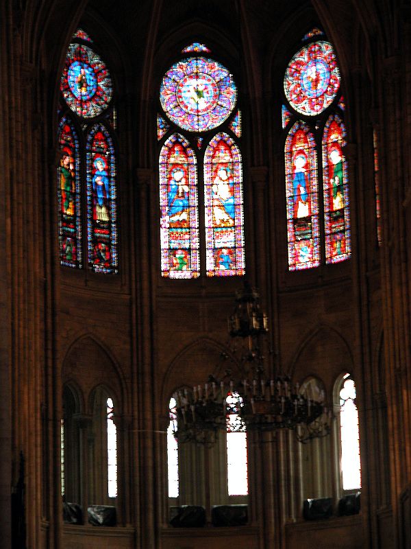 Paris 21 Notre Dame Inside Stained Glass And Chandelier Behind Altar 